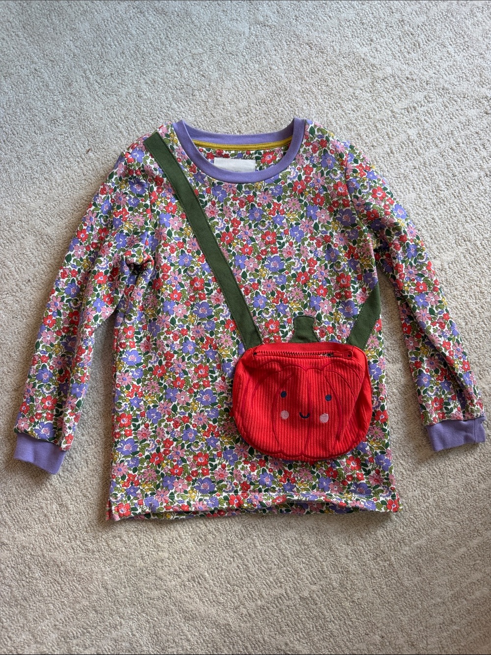 Mini Boden Floral Long-Sleeve Top with Pumpkin Pouch